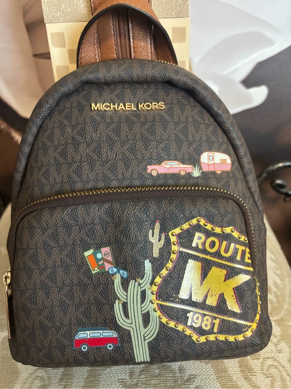 Michael Kors Brown Logo Print 'Route MK 1981' Mini Backpack